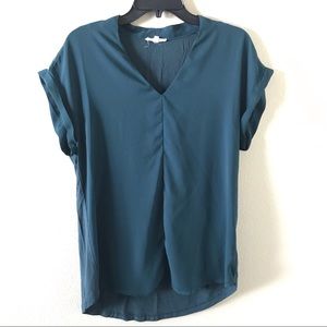 Pleione High Low V Neck Mixed Media Blouse